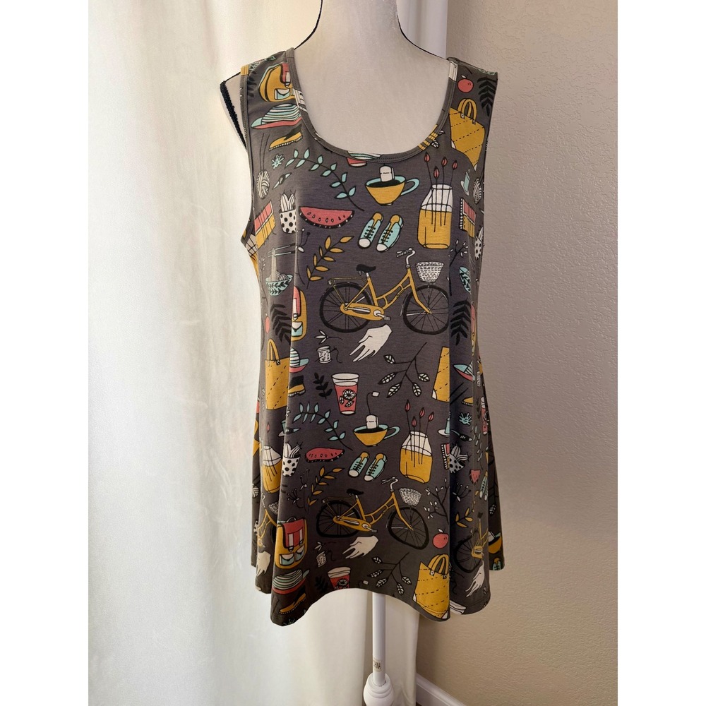 LuLaRoe Women's XL Tunic Tank Top Bicycle Coffee Ramen Whimsical Print Sleeveles